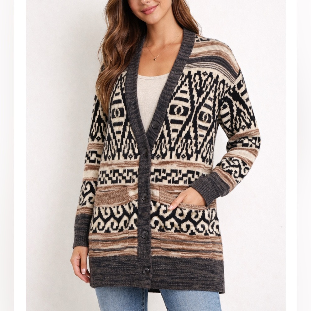 Lucky Brand Jacquard Cardigan Sweater Medium Cotton Blend Boyfriend Boho NWOT